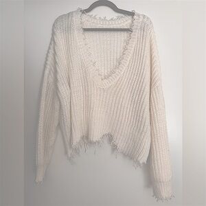 Distressed V-Neck Frayed Crop Knit Sweater (Ivory) | Medium/Large